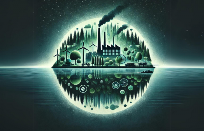 Eine Fabrik gespiegelt im Wasser mit Schornstein und Bäumen in Blau und Grün