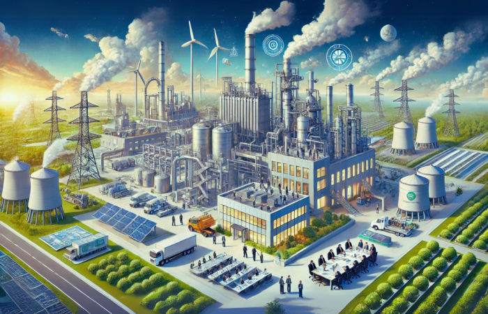 Eine Fabrik mit rauchenden Schornsteinen und einem gelben und blauen Hintergrund um Verschmutzung der Luft zu verdeutlichen.