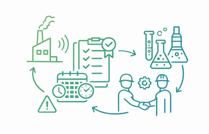 Vektorillustration zum Sorglos-Paket für Umweltmessungen mit Industrieanlage, Checkliste, Kalender, Laboranalyse und Zusammenarbeitssymbolen für rechtssichere Umweltprüfung.