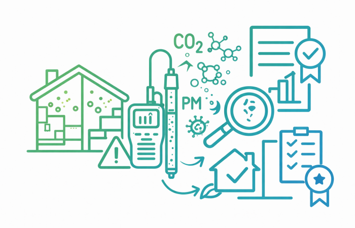Moderne Vektorillustration zur Schadstoffmessung im Innenraum mit Haus, Raumluftmessgerät, Partikelsymbolen, CO₂-Analyse und Prüfbericht – Symbol für professionelle Raumluftanalyse und Gutachtenerstellung.