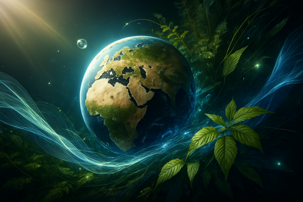 ymbolische Darstellung der Erde im Weltraum mit grünen Pflanzen, Naturmotiven und leuchtenden Energiewellen – Nachhaltigkeit, Umweltschutz und Zukunft unseres Planeten.