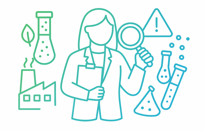 Vektorillustration zur professionellen Bewertung von Laborergebnissen mit Laborfachkraft, Laborbericht, Mikroskop, Reagenzglas, Diagramm und Warnsymbol im grün-blauen Verlauf
