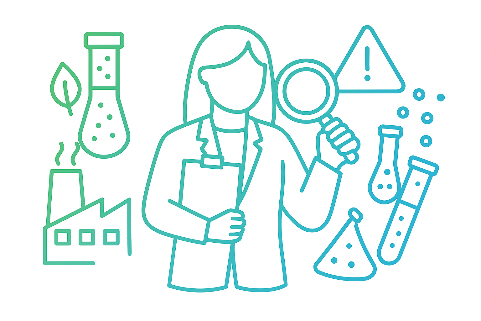 Vektorillustration zur professionellen Bewertung von Laborergebnissen mit Laborfachkraft, Laborbericht, Mikroskop, Reagenzglas, Diagramm und Warnsymbol im grün-blauen Verlauf