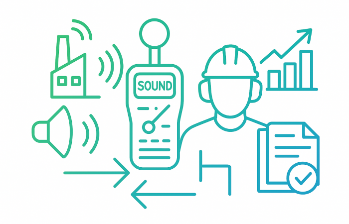 Vektorillustration zur Lärmmessung im Betrieb mit Fabrik, Schallwellen, Schallmessgerät, Mitarbeiter mit Gehörschutz, Diagramm und Checkliste.