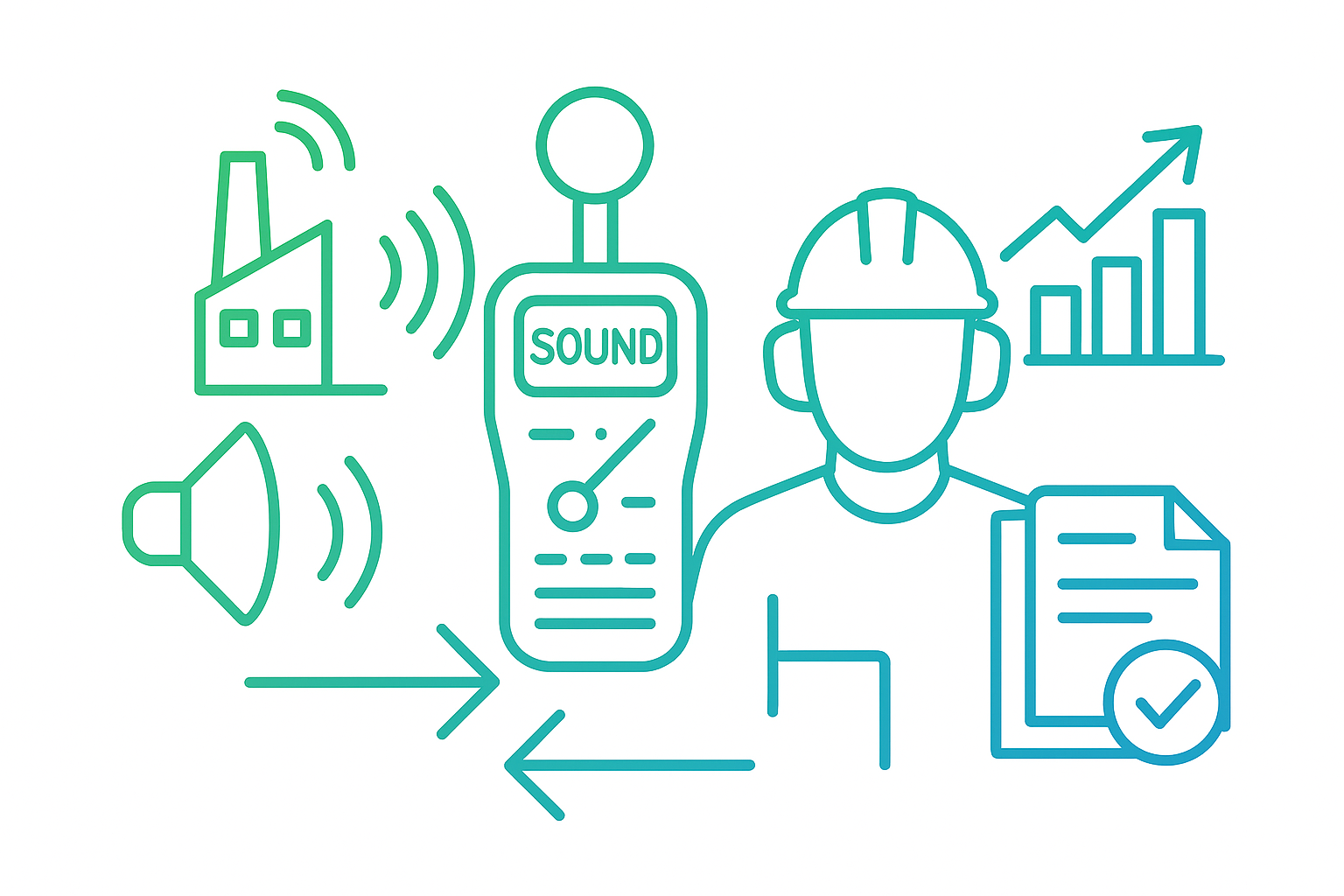 Lärmmessung im Betrieb – rechtssicher und normkonform Vektorillustration zur Lärmmessung im Betrieb mit Fabrik, Schallwellen, Schallmessgerät, Mitarbeiter mit Gehörschutz, Diagramm und Checkliste.