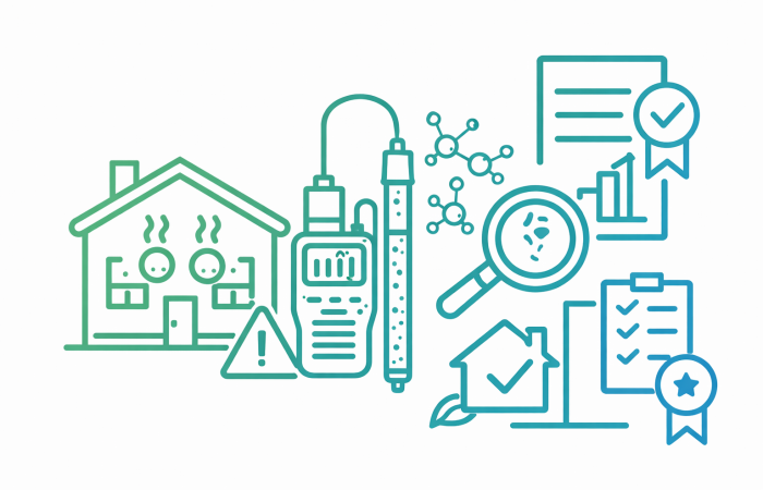 Vektorillustration zur Raumluftmessung im Fertighaus mit Haus, Schadstoffsymbolen, Messgerät, Molekülstruktur und Gutachten-Dokument.