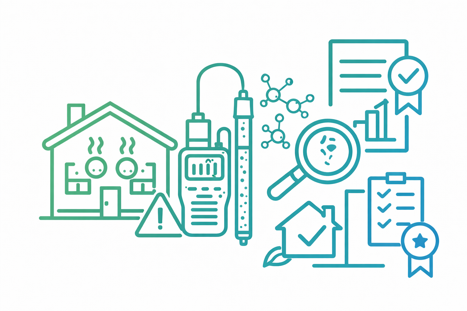 Vektorillustration zur Raumluftmessung im Fertighaus mit Haus, Schadstoffsymbolen, Messgerät, Molekülstruktur und Gutachten-Dokument.